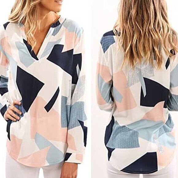 Pastel Colors Women's V-Neck Abstract Geometric Print Long Sleeve Blouse XL - Picture 3 of 3